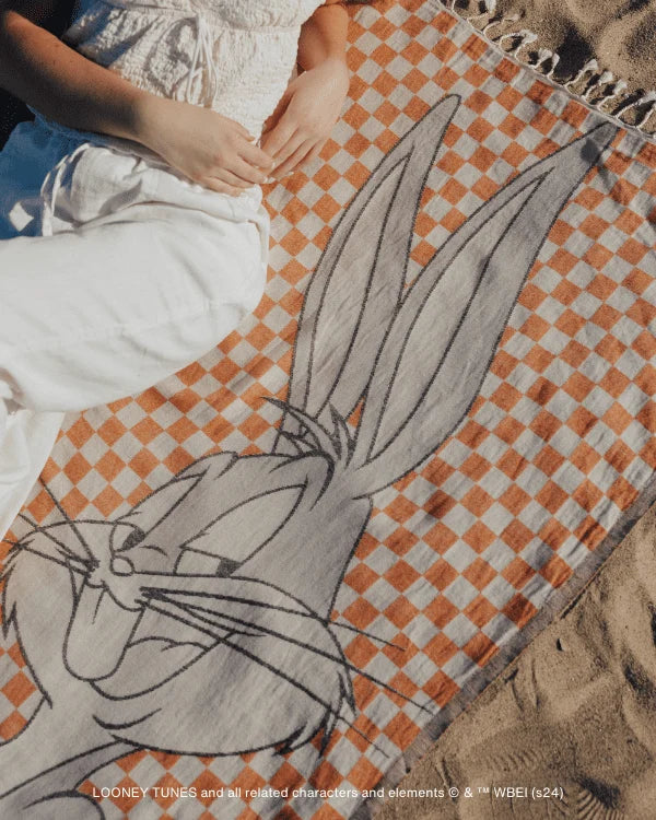 Beach Towel with Bugs Bunny Checker Design, Orange Turkish Organic Cotton, Jacquard Weave and Twisted Tassels