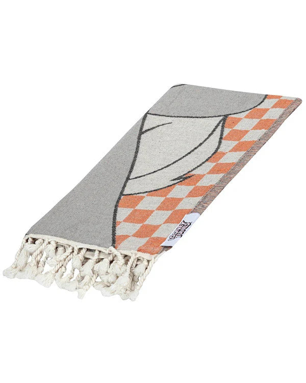 Beach Towel with Bugs Bunny Checker Design, Orange Turkish Organic Cotton, Jacquard Weave and Twisted Tassels