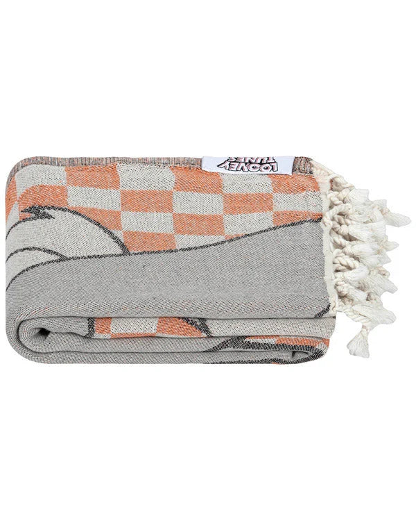 Beach Towel with Bugs Bunny Checker Design, Orange Turkish Organic Cotton, Jacquard Weave and Twisted Tassels