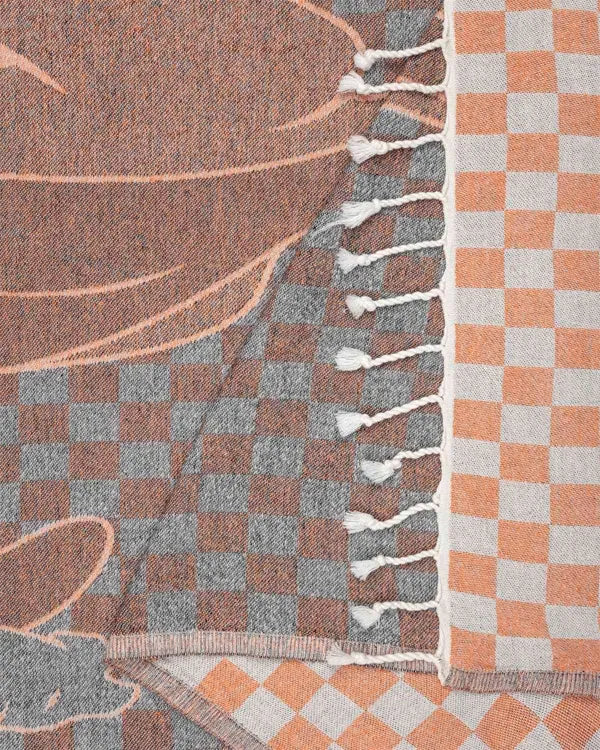 Beach Towel with Bugs Bunny Checker Design, Orange Turkish Organic Cotton, Jacquard Weave and Twisted Tassels