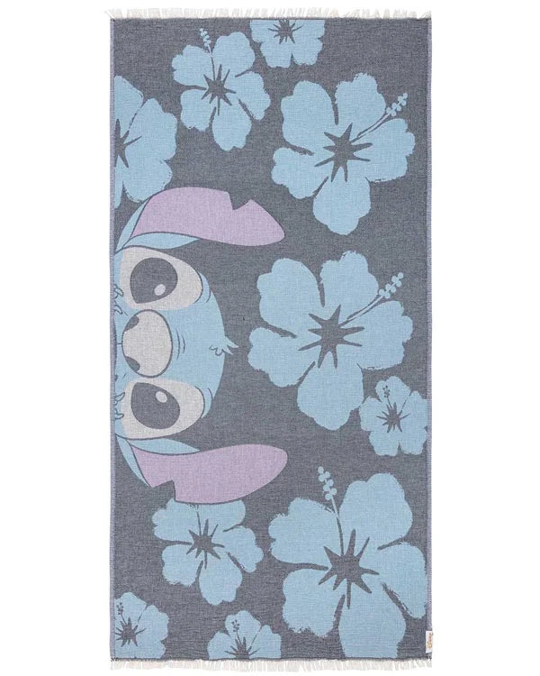 Beach Towel with Disney Stitch Hibiscus Design, Turkish Organic Cotton, Blue Double Jacquard Weave and Twisted Tassels