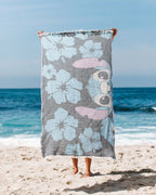 Beach Towel with Disney Stitch Hibiscus Design, Turkish Organic Cotton, Blue Double Jacquard Weave and Twisted Tassels