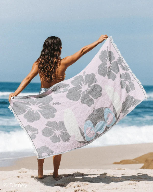 Beach Towel with Disney Stitch Hibiscus Design, Turkish Organic Cotton, Blue Double Jacquard Weave and Twisted Tassels