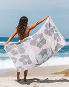 Beach Towel with Disney Stitch Hibiscus Design, Turkish Organic Cotton, Blue Double Jacquard Weave and Twisted Tassels
