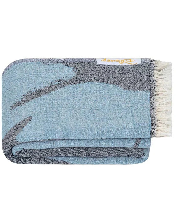 Beach Towel with Disney Stitch Hibiscus Design, Turkish Organic Cotton, Blue Double Jacquard Weave and Twisted Tassels