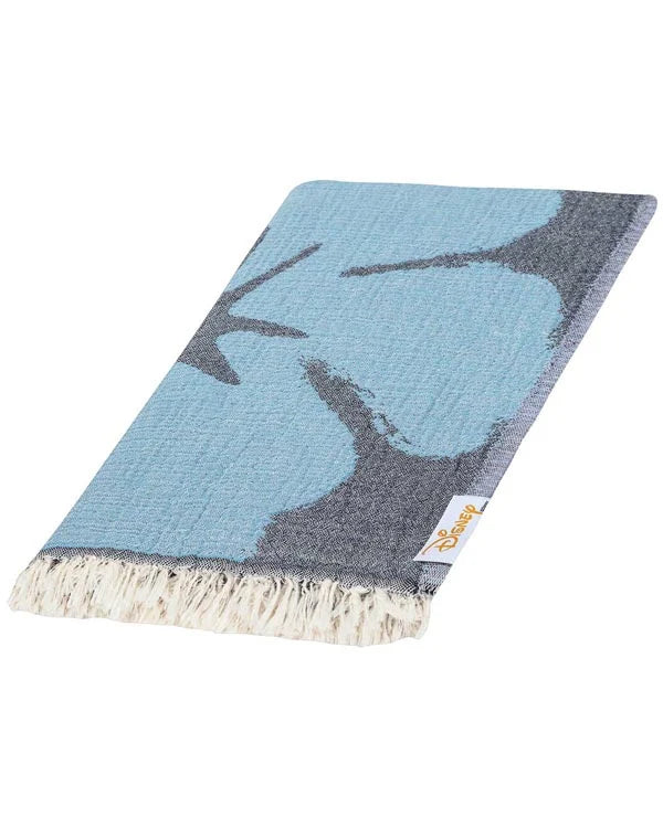 Beach Towel with Disney Stitch Hibiscus Design, Turkish Organic Cotton, Blue Double Jacquard Weave and Twisted Tassels