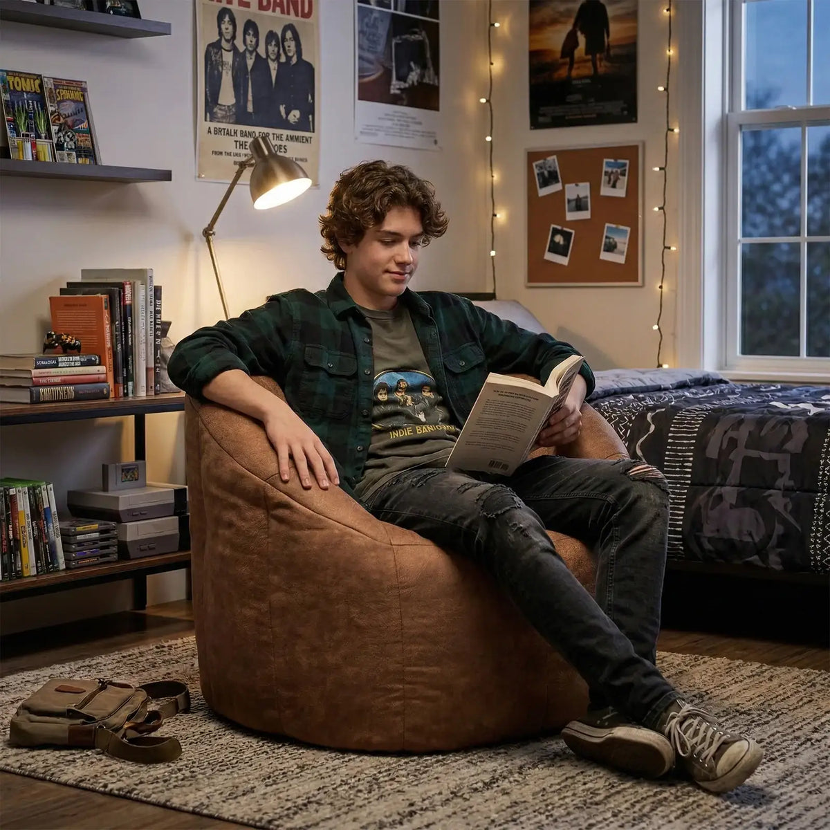 Bean Bag Chair, Premium-Chestnut Vegan Suede