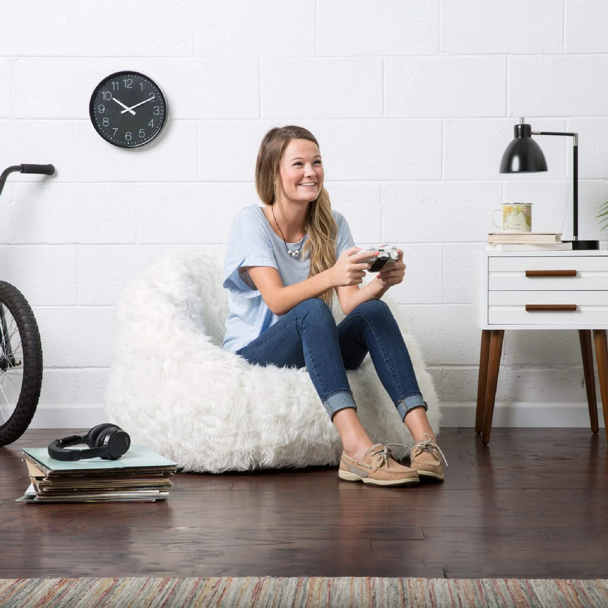 Bean Bag Chair, Premium-Ivory Shag