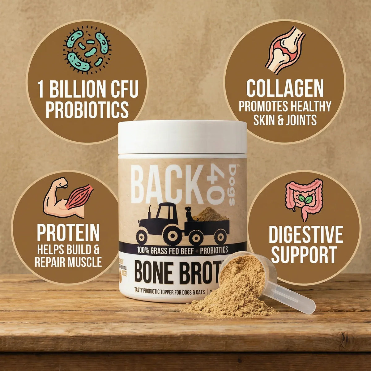 Beef Bone Broth Powder for Dogs with Probiotics, Made from Grass-Fed Bones for Savory Meal Topping