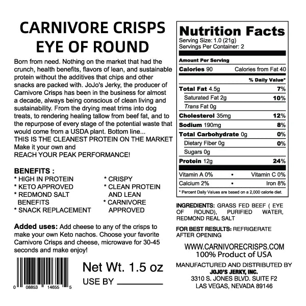 Beef Eye of Round Crisps from Grass-Fed and Finished Beef,