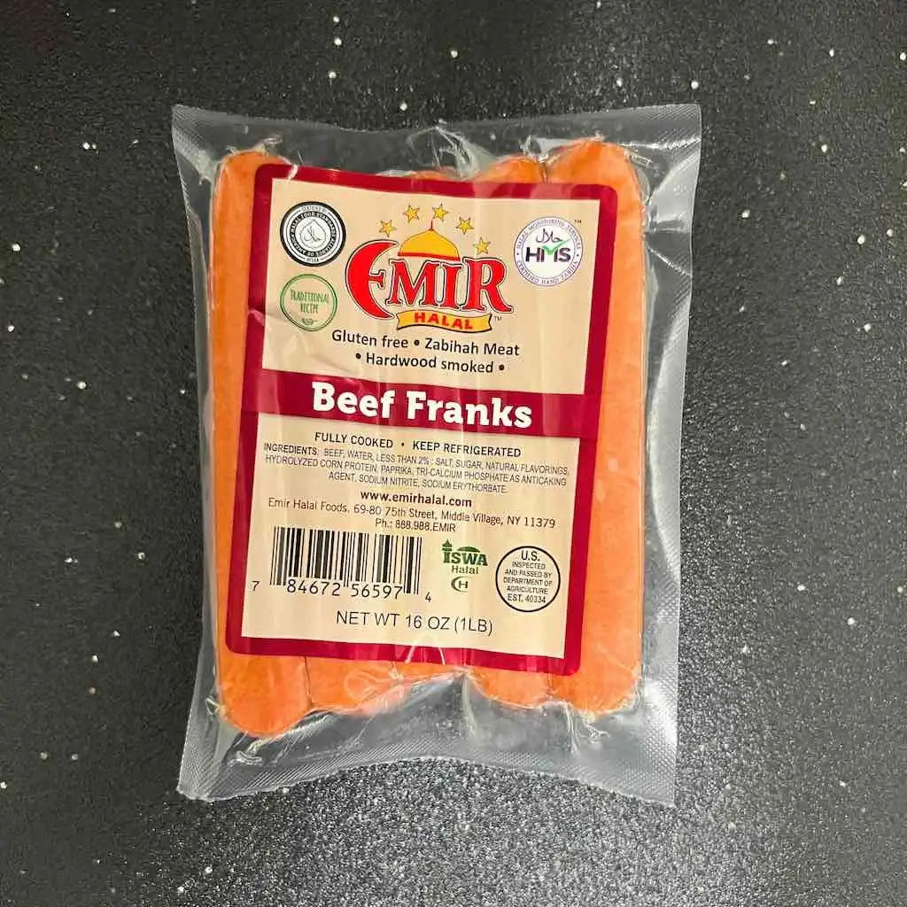 Beef Hot Dogs, 10 Fully Cooked Halal Franks, 1 lb Pack