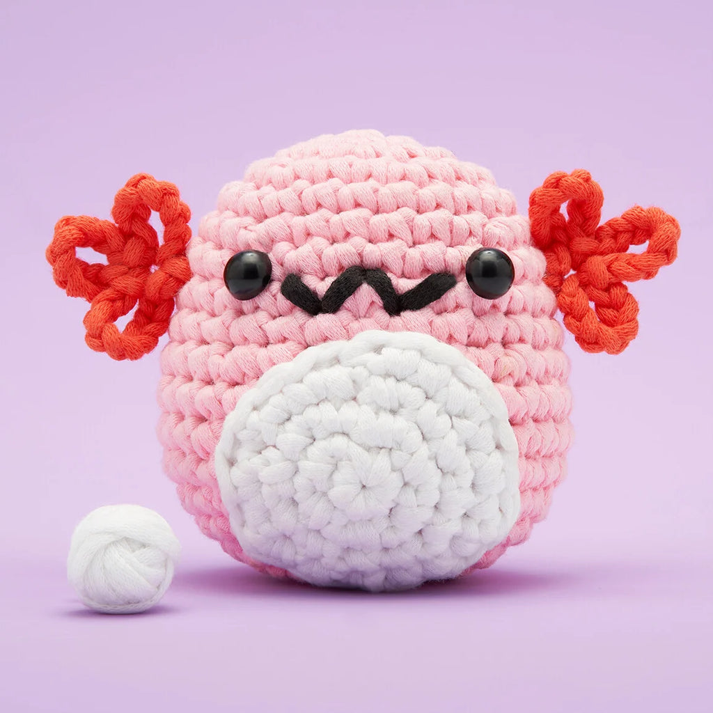 Beginner Axolotl Crochet Kit with Pre-Started Yarn, Video Tutorials, 4mm Hook and PDF Pattern