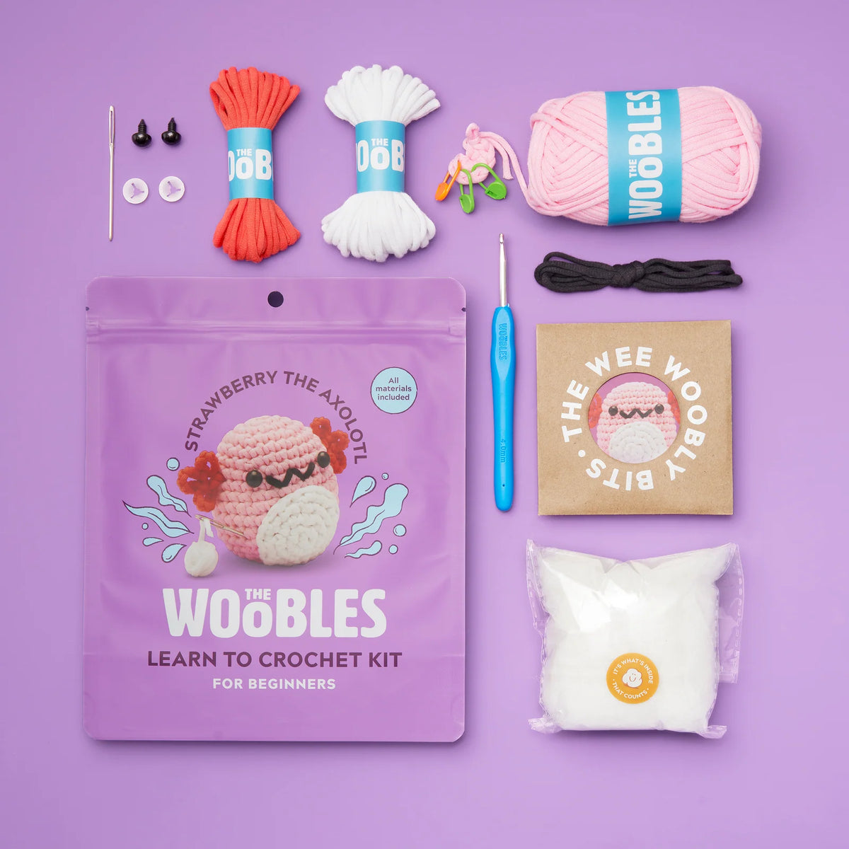 Beginner Axolotl Crochet Kit with Pre-Started Yarn, Video Tutorials, 4mm Hook and PDF Pattern