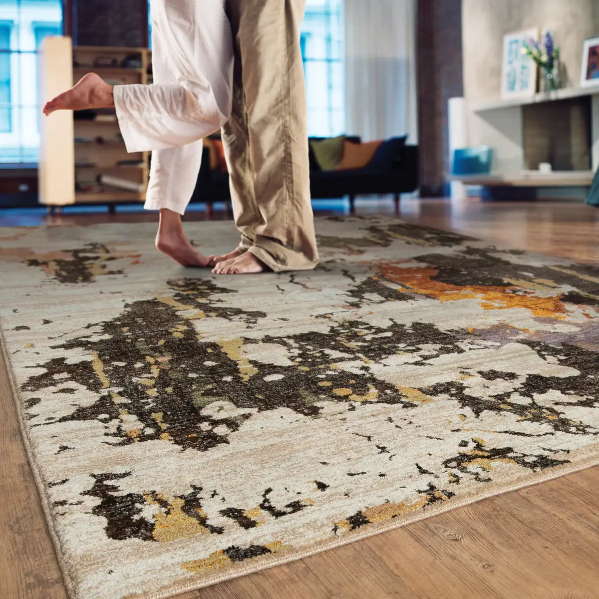 Beige and Charcoal Abstract Area Rug