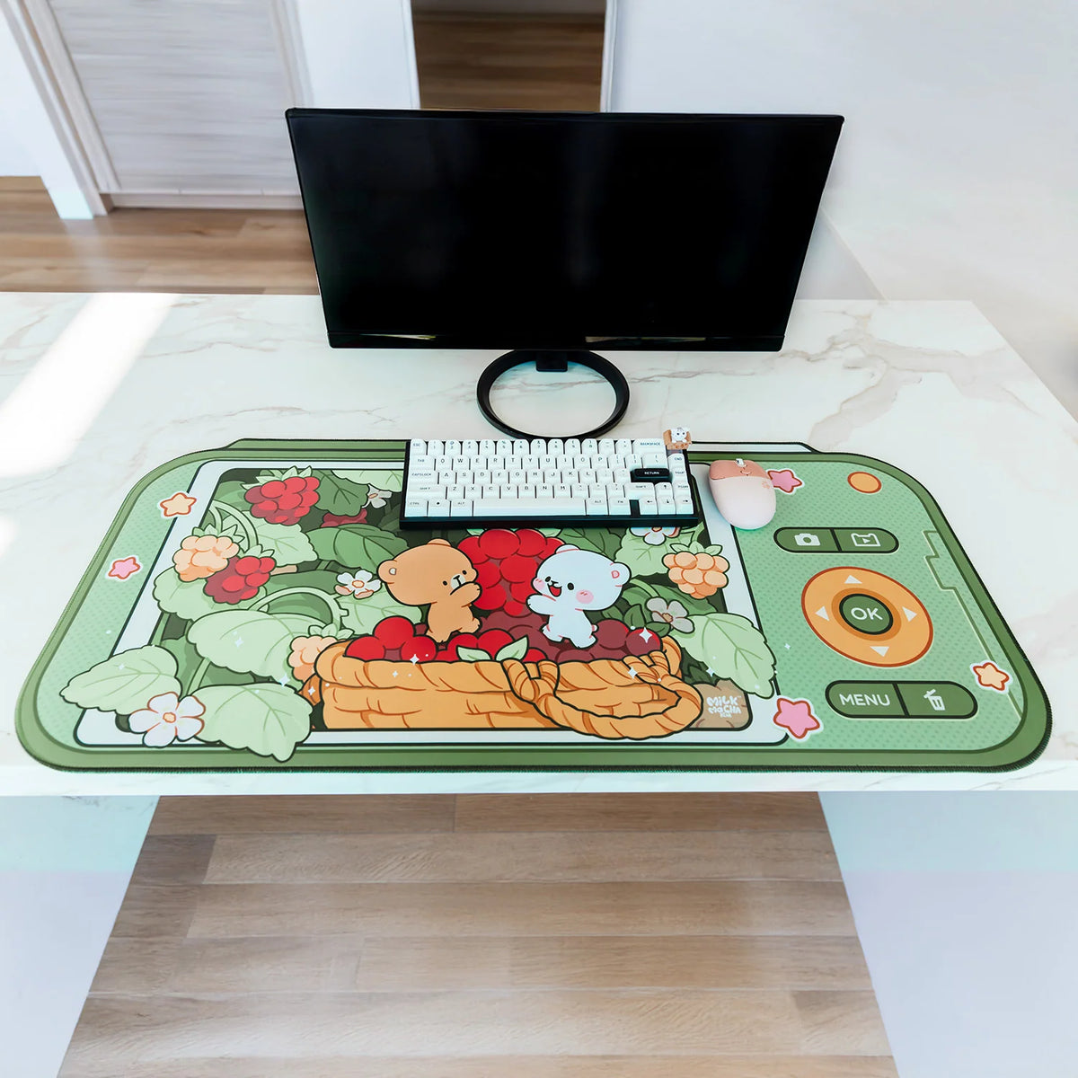 Berry Picking Desk Mat for Keyboard and Mouse, Cute Desktop Decor for Home or Office Workspaces