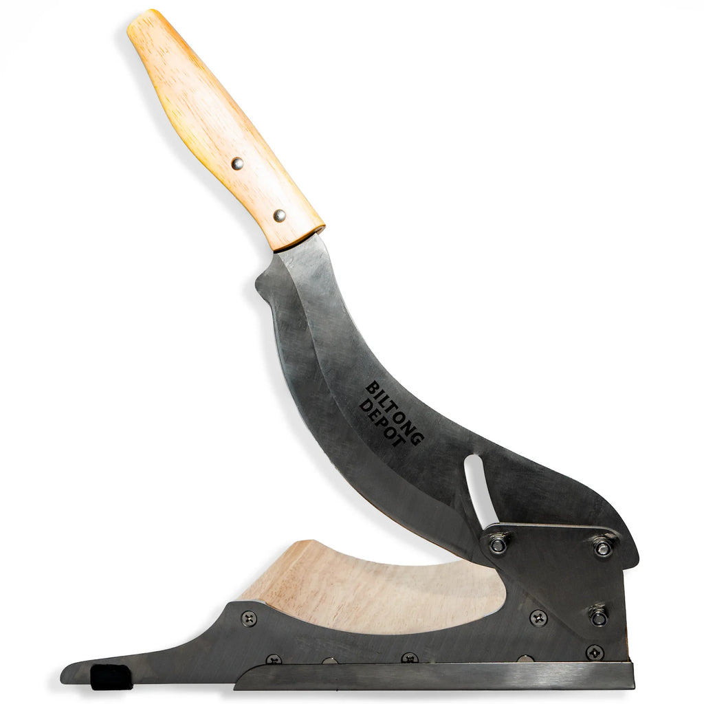 Biltong Cutter with Sharp Stainless Steel Blade, Solid Wood Base and Removable Magnetic Catch Pan