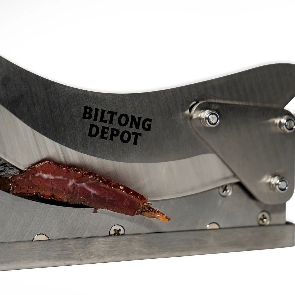 Biltong Cutter with Sharp Stainless Steel Blade, Solid Wood Base and Removable Magnetic Catch Pan