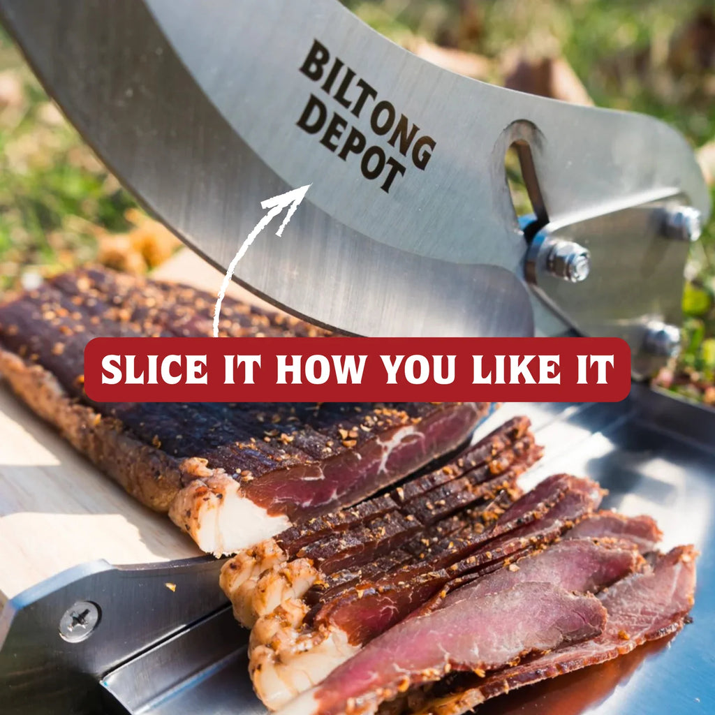 Biltong Cutter with Sharp Stainless Steel Blade, Solid Wood Base and Removable Magnetic Catch Pan