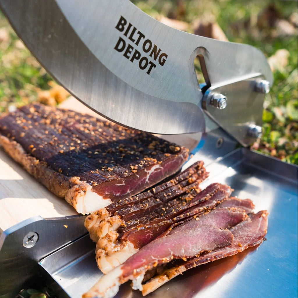 Biltong Cutter with Sharp Stainless Steel Blade, Solid Wood Base and Removable Magnetic Catch Pan