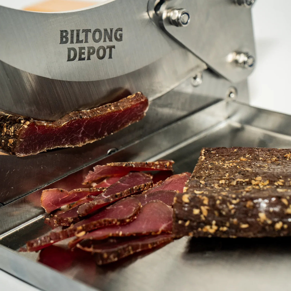Biltong Cutter with Sharp Stainless Steel Blade, Solid Wood Base and Removable Magnetic Catch Pan