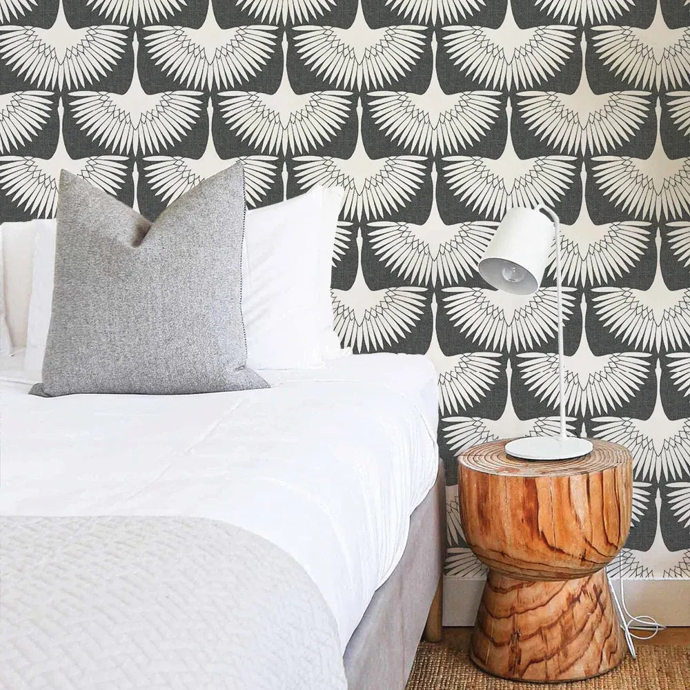 Bird Wallpaper with Peel and Stick Application, Mid-Century Feather Flock Pattern in Multiple Scalloped Colorways