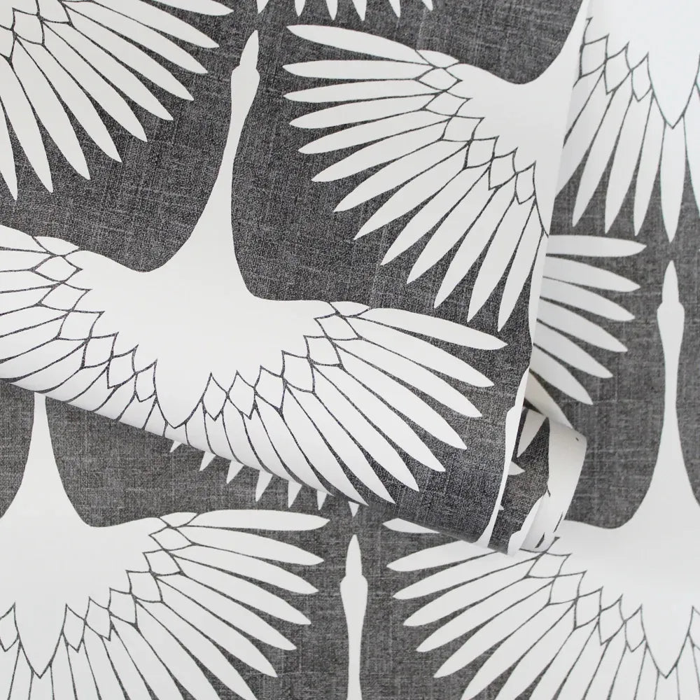 Bird Wallpaper with Peel and Stick Application, Mid-Century Feather Flock Pattern in Multiple Scalloped Colorways