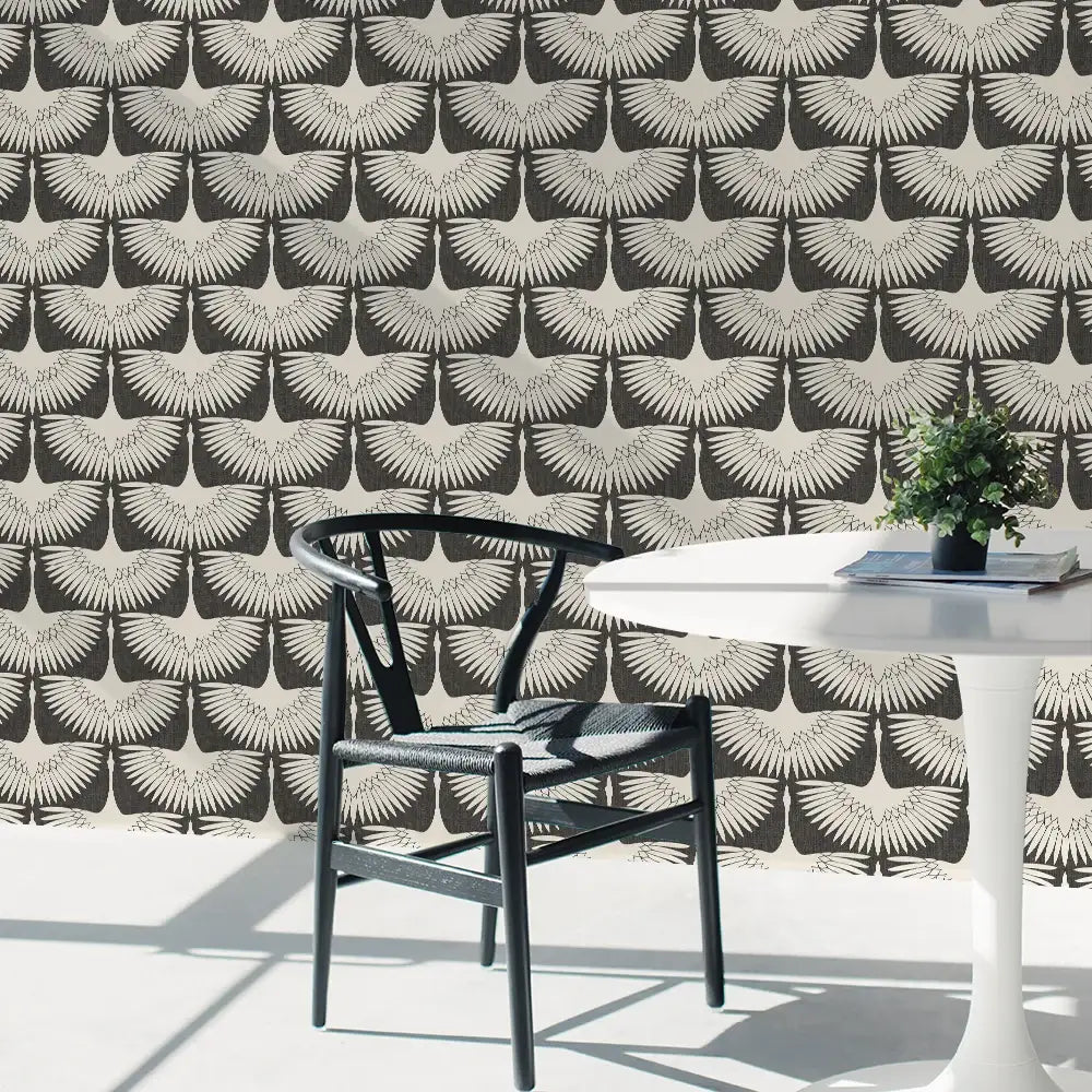 Bird Wallpaper with Peel and Stick Application, Mid-Century Feather Flock Pattern in Multiple Scalloped Colorways