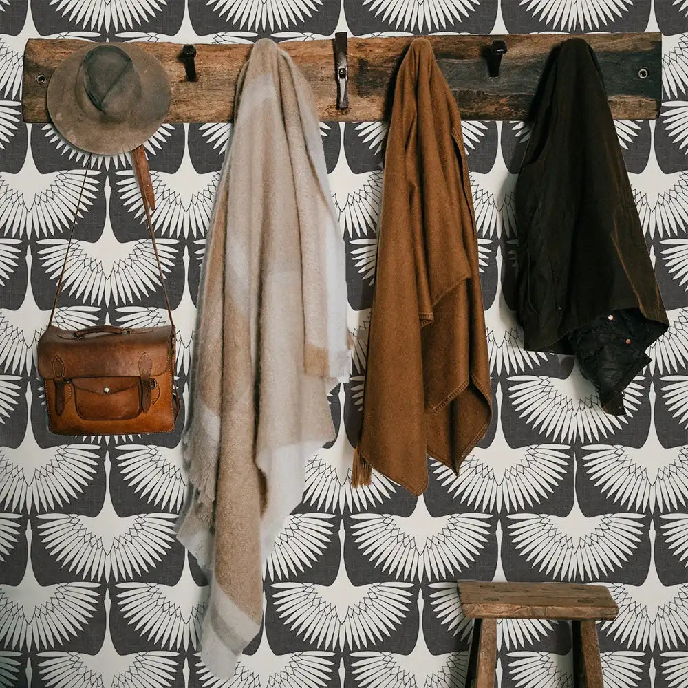 Bird Wallpaper with Peel and Stick Application, Mid-Century Feather Flock Pattern in Multiple Scalloped Colorways