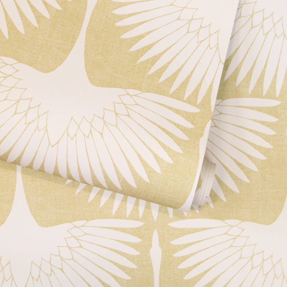 Bird Wallpaper with Peel and Stick Application, Mid-Century Feather Flock Pattern in Multiple Scalloped Colorways