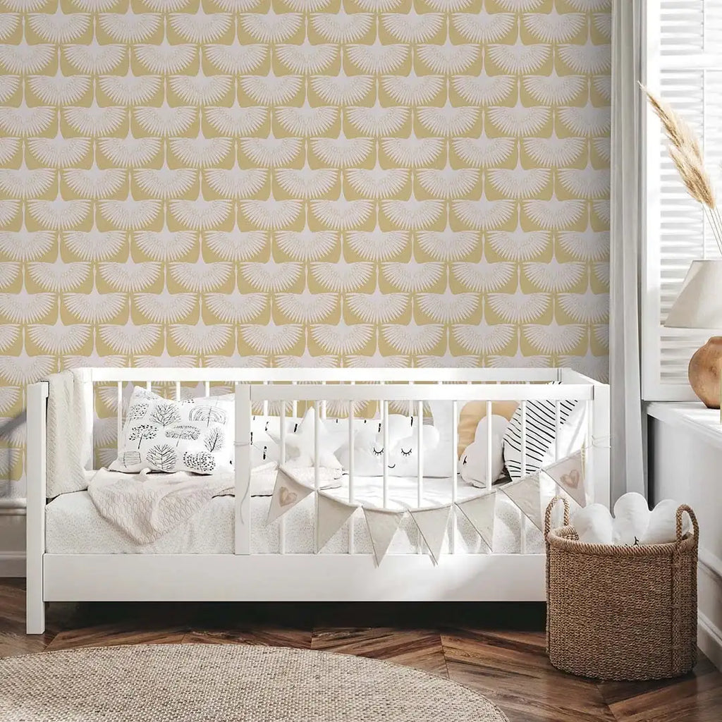 Bird Wallpaper with Peel and Stick Application, Mid-Century Feather Flock Pattern in Multiple Scalloped Colorways