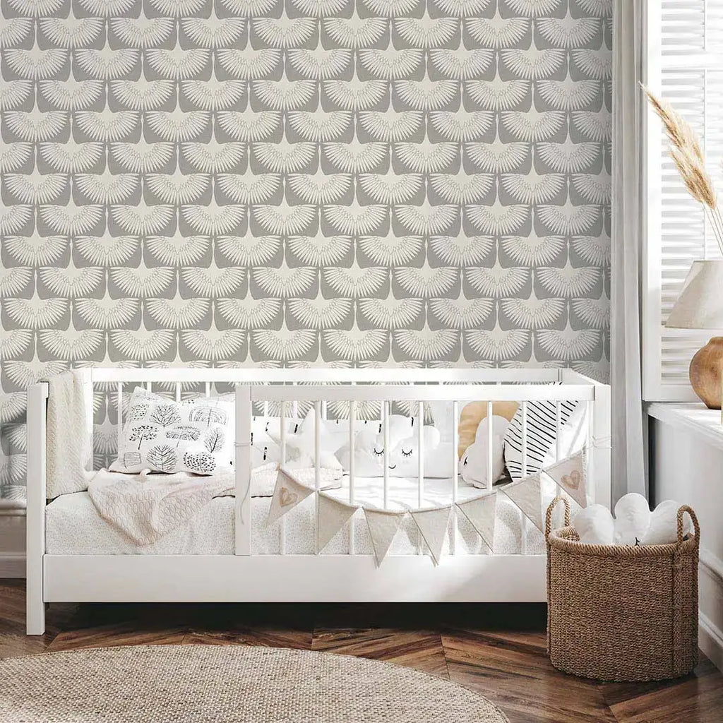 Bird Wallpaper with Peel and Stick Application, Mid-Century Feather Flock Pattern in Multiple Scalloped Colorways