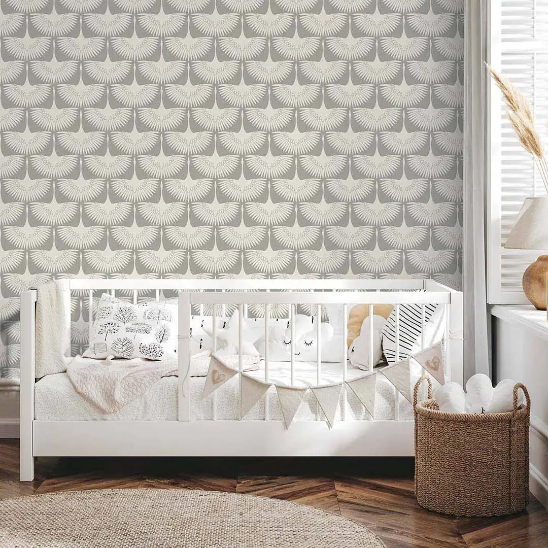 Bird Wallpaper with Peel and Stick Application, Mid-Century Feather Flock Pattern in Multiple Scalloped Colorways