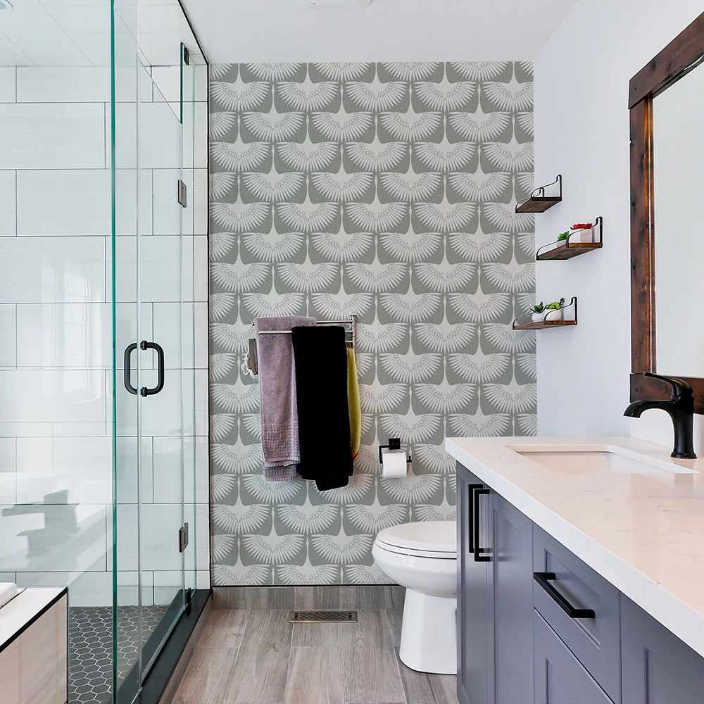 Bird Wallpaper with Peel and Stick Application, Mid-Century Feather Flock Pattern in Multiple Scalloped Colorways
