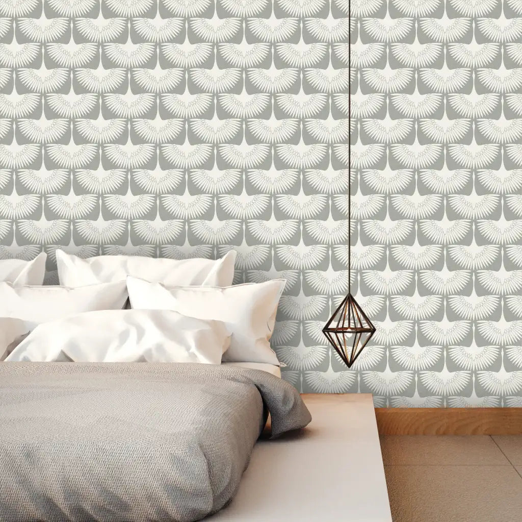 Bird Wallpaper with Peel and Stick Application, Mid-Century Feather Flock Pattern in Multiple Scalloped Colorways
