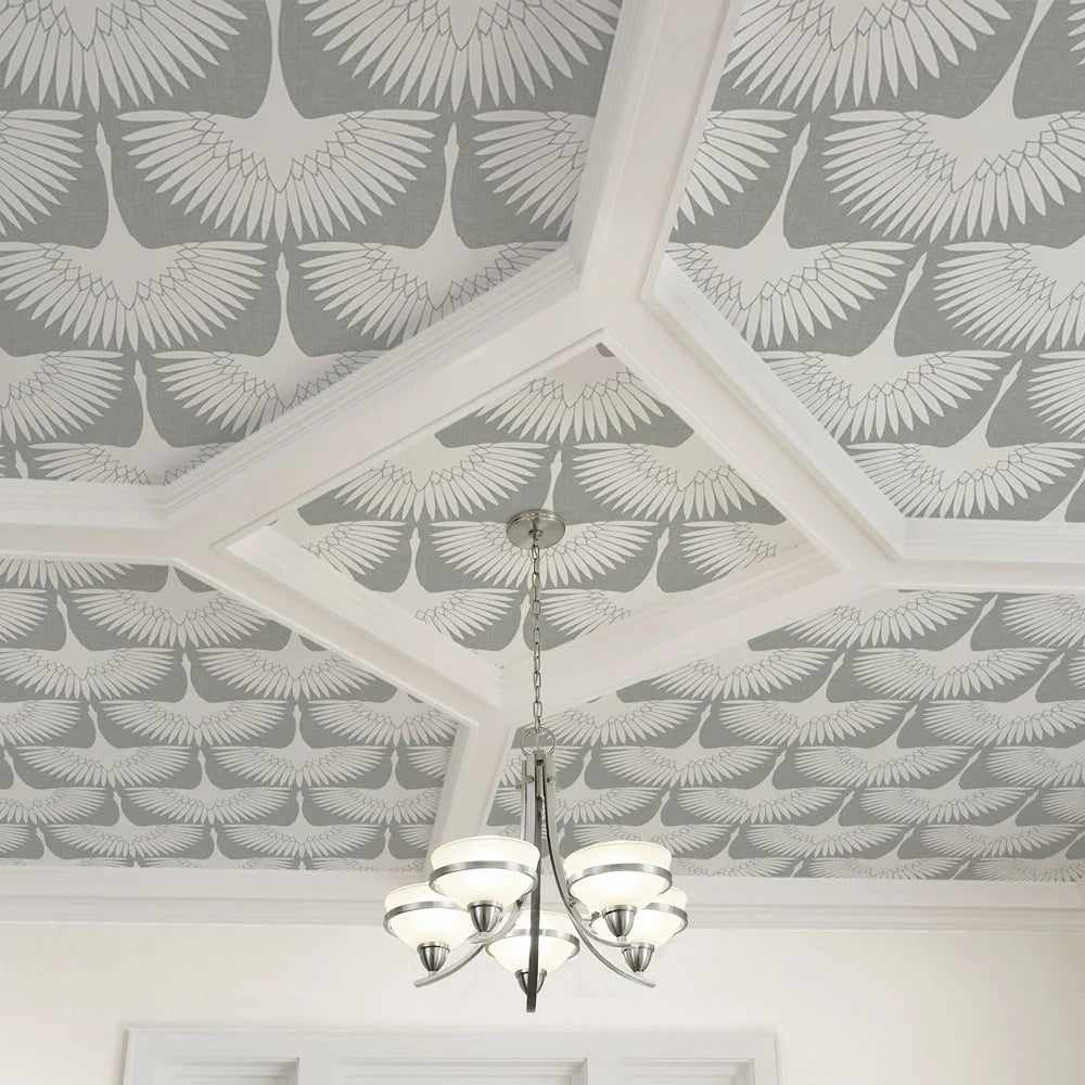Bird Wallpaper with Peel and Stick Application, Mid-Century Feather Flock Pattern in Multiple Scalloped Colorways