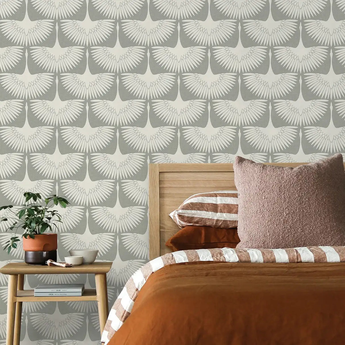 Bird Wallpaper with Peel and Stick Application, Mid-Century Feather Flock Pattern in Multiple Scalloped Colorways