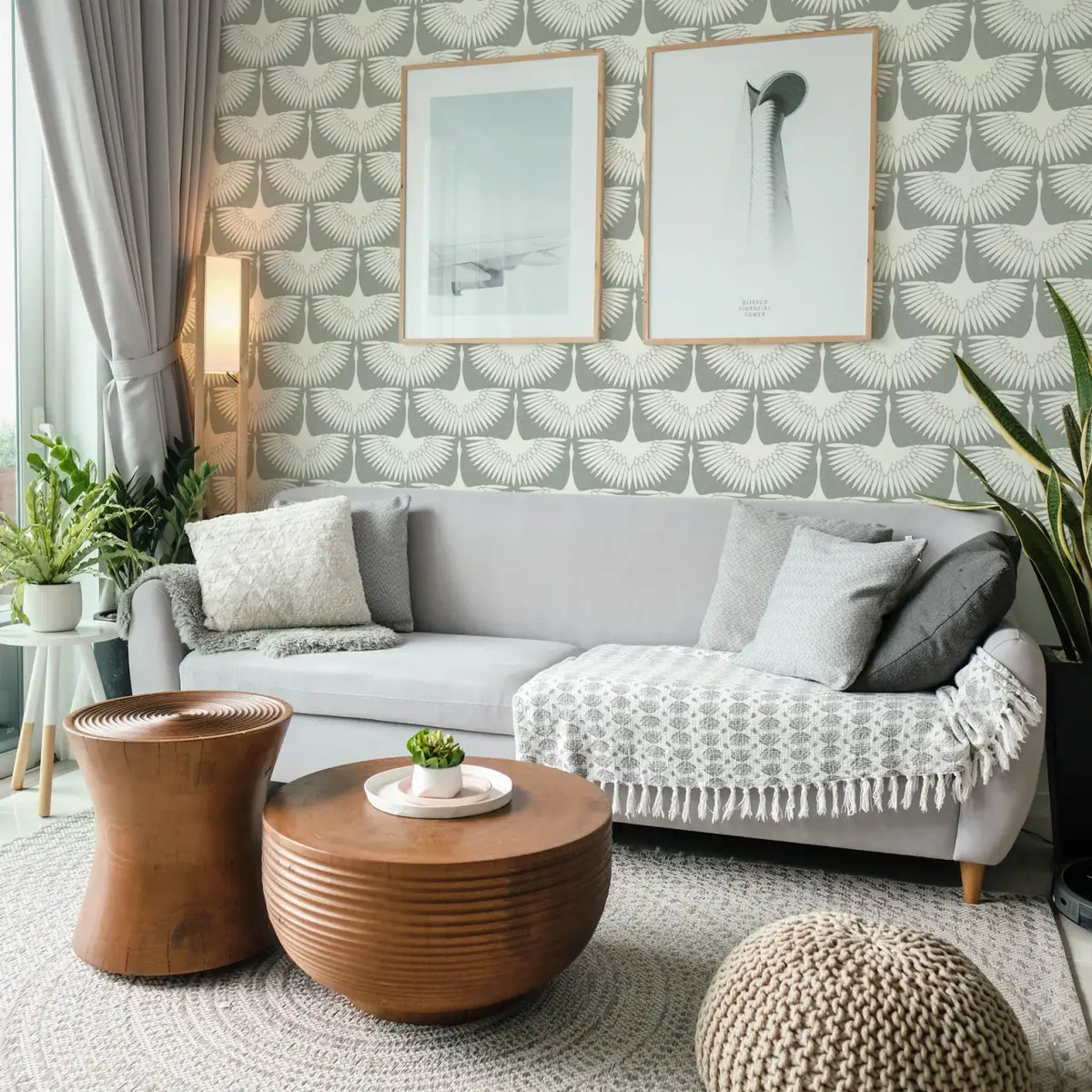 Bird Wallpaper with Peel and Stick Application, Mid-Century Feather Flock Pattern in Multiple Scalloped Colorways