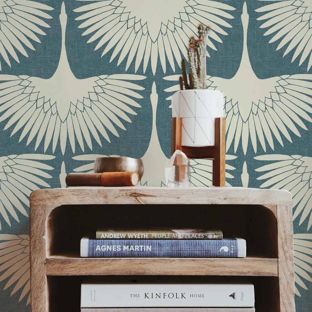 Bird Wallpaper with Peel and Stick Application, Mid-Century Feather Flock Pattern in Multiple Scalloped Colorways