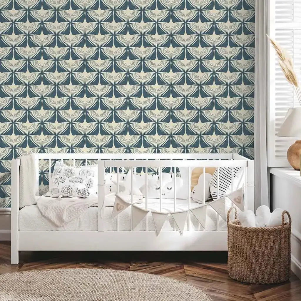 Bird Wallpaper with Peel and Stick Application, Mid-Century Feather Flock Pattern in Multiple Scalloped Colorways