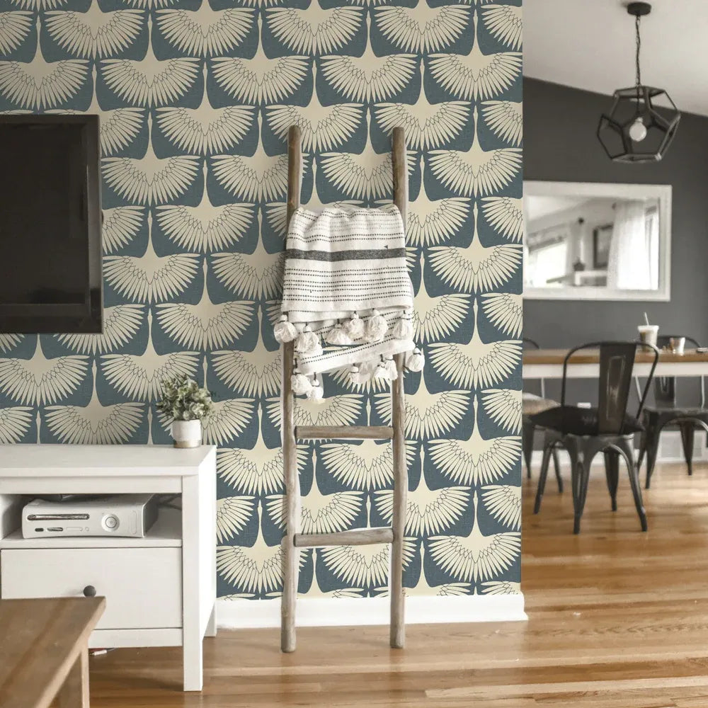 Bird Wallpaper with Peel and Stick Application, Mid-Century Feather Flock Pattern in Multiple Scalloped Colorways