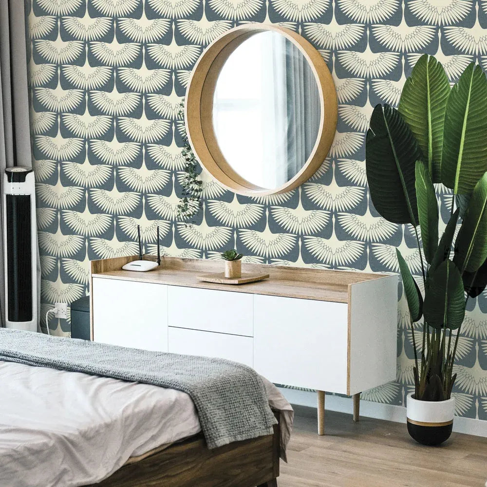 Bird Wallpaper with Peel and Stick Application, Mid-Century Feather Flock Pattern in Multiple Scalloped Colorways