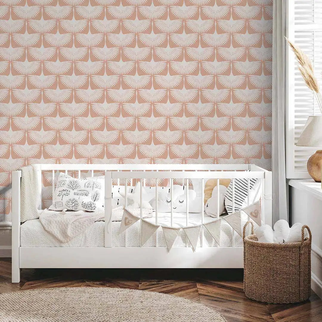 Bird Wallpaper with Peel and Stick Application, Mid-Century Feather Flock Pattern in Multiple Scalloped Colorways