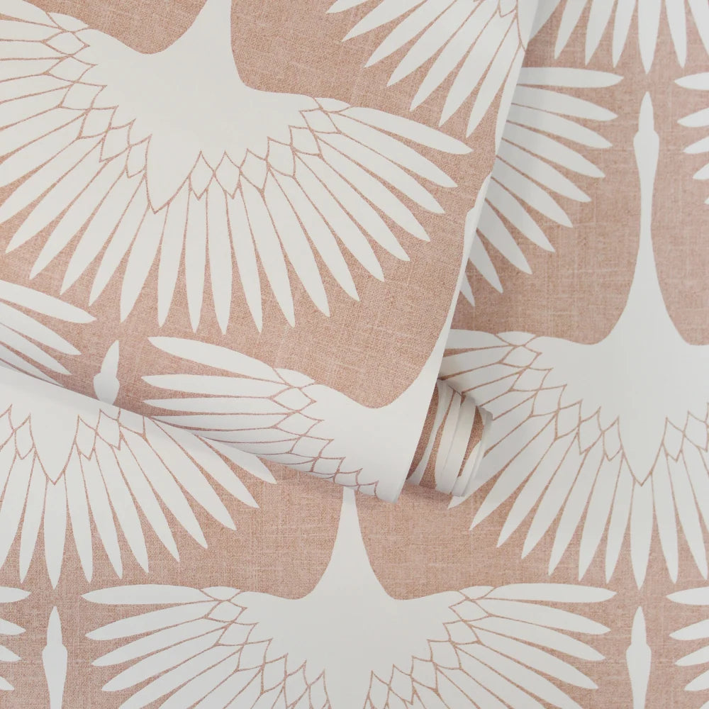 Bird Wallpaper with Peel and Stick Application, Mid-Century Feather Flock Pattern in Multiple Scalloped Colorways