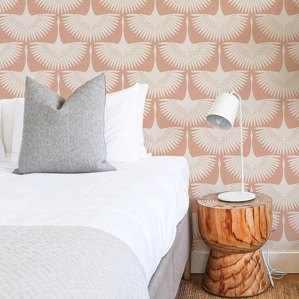 Bird Wallpaper with Peel and Stick Application, Mid-Century Feather Flock Pattern in Multiple Scalloped Colorways