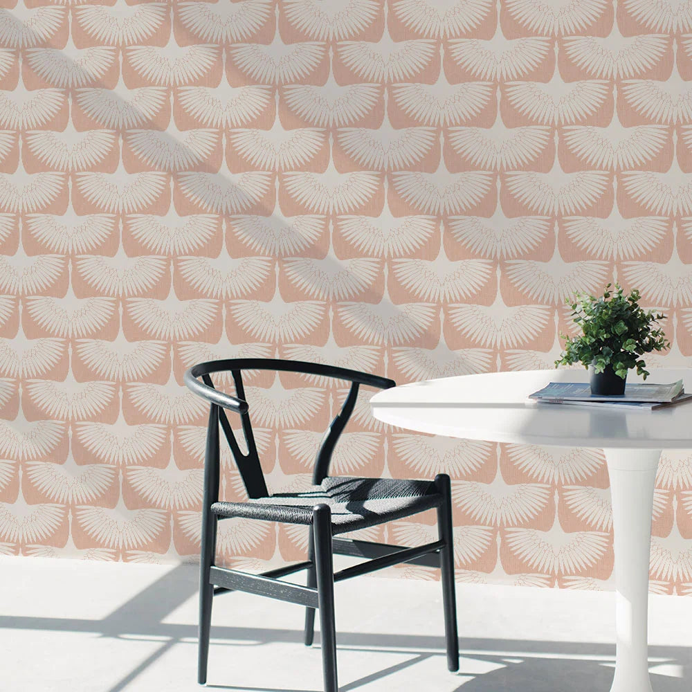 Bird Wallpaper with Peel and Stick Application, Mid-Century Feather Flock Pattern in Multiple Scalloped Colorways