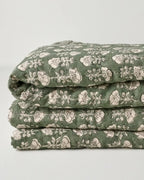 Block Print Quilt in Dusty Green, Linen-Cotton Bedding Layer for Full/Queen or King/Cal King Beds