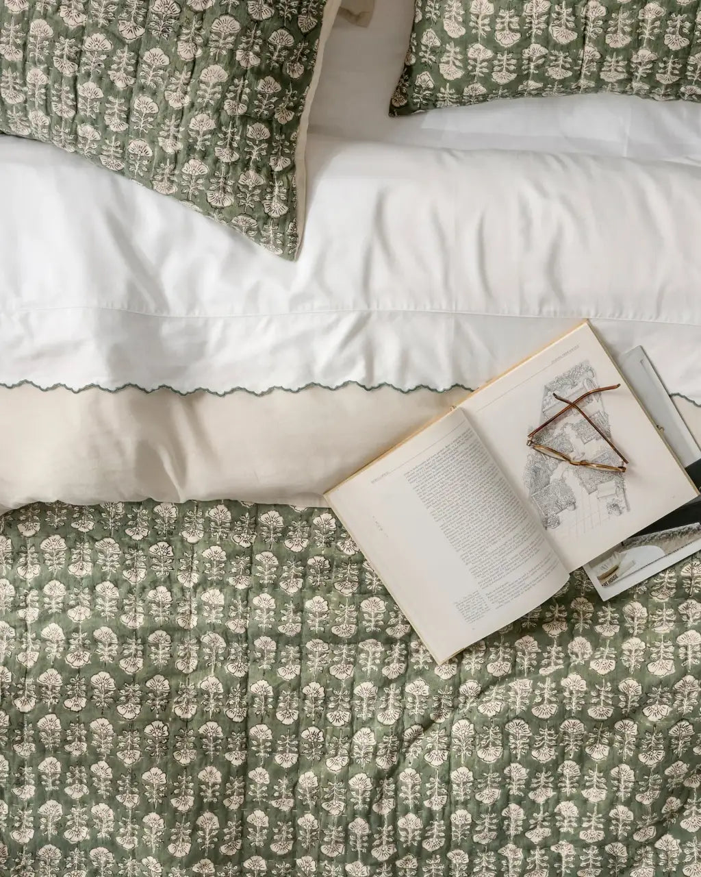 Block Print Quilt in Dusty Green, Linen-Cotton Bedding Layer for Full/Queen or King/Cal King Beds