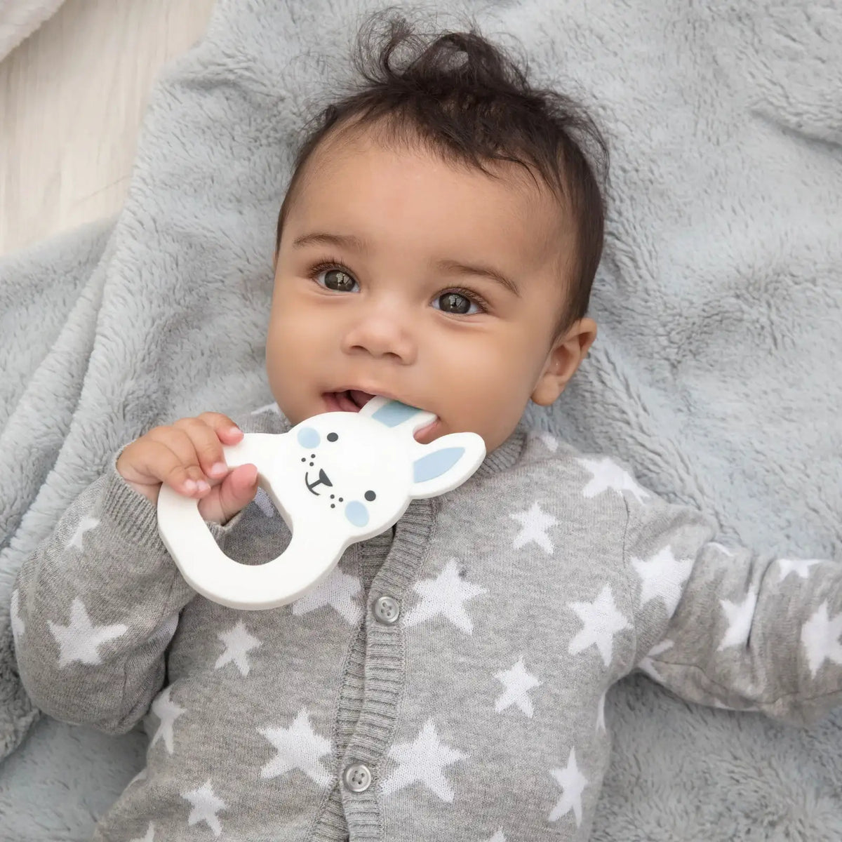 Blue Bunny Sensory Teething Toy with Soft Textures for Babies to Explore During Teething and Play