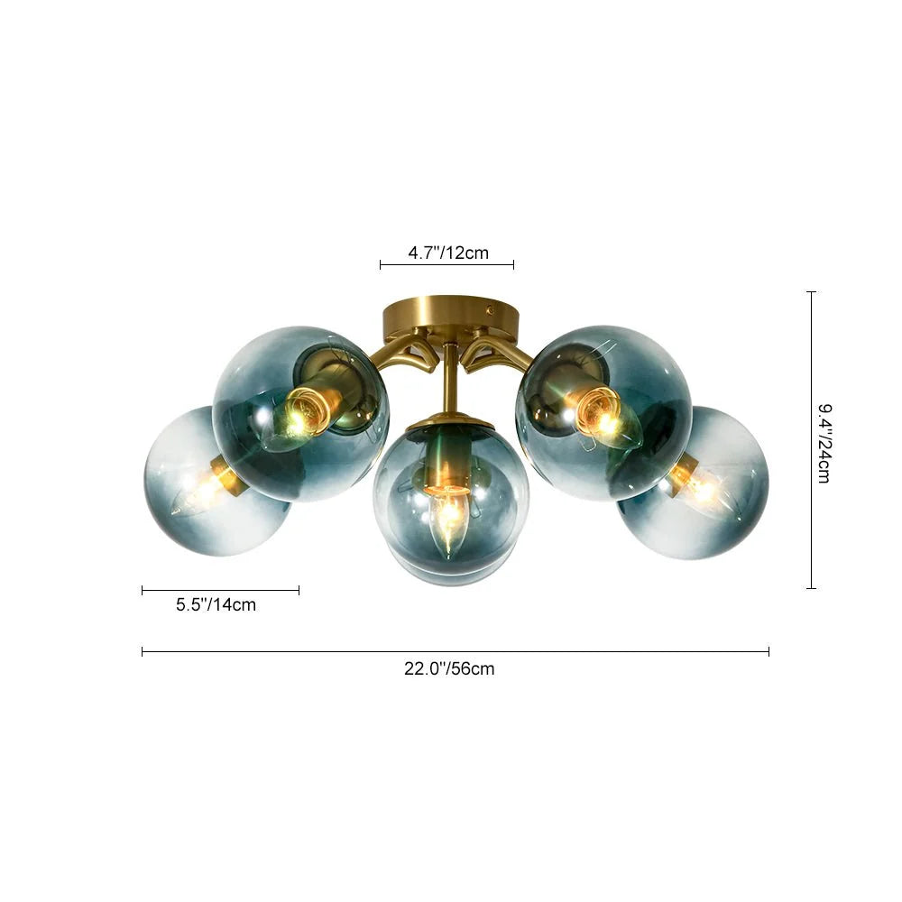 Blue Glass Bubble Semi Flush Chandelier with Gradient Globes and a Curved Brushed Brass Sputnik Frame