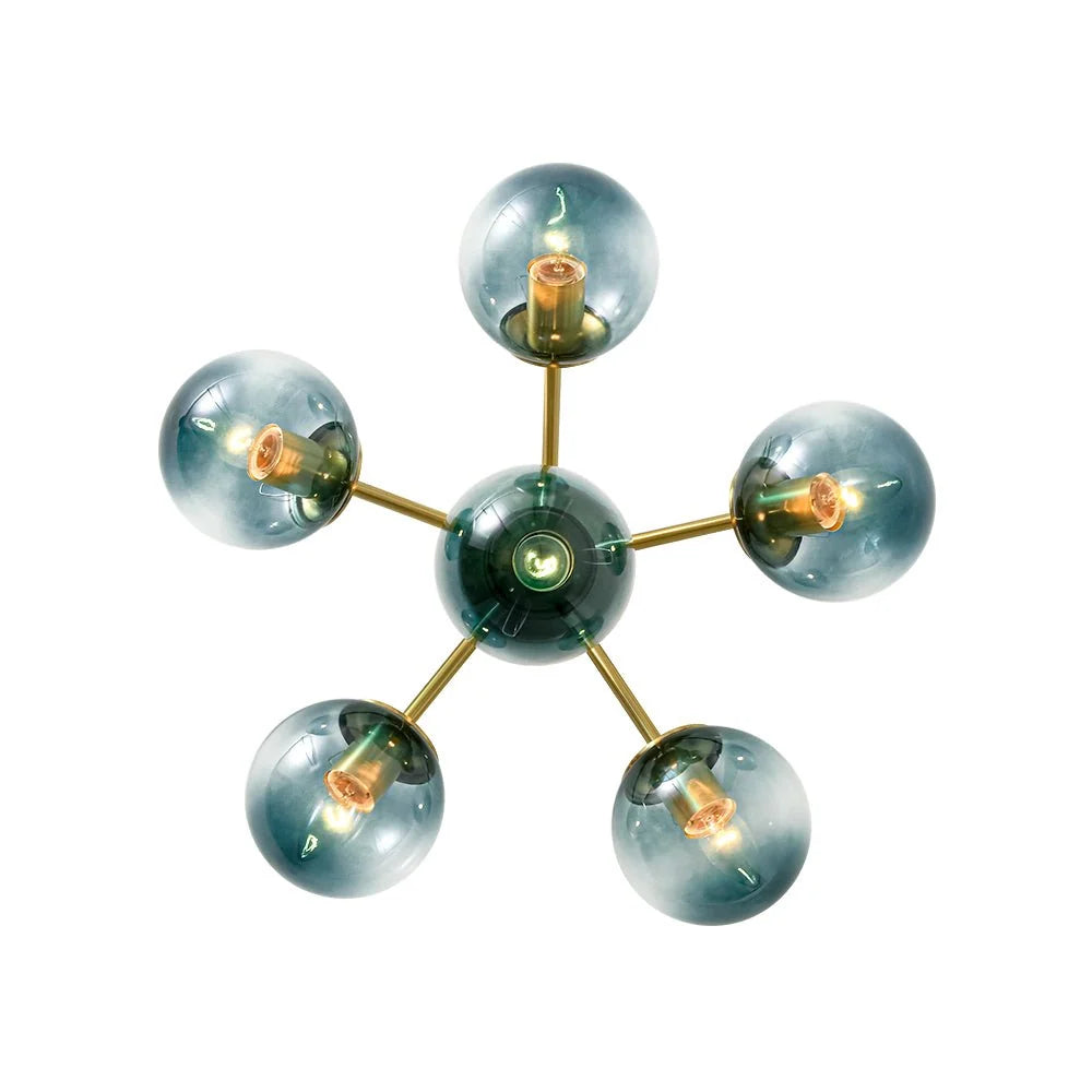 Blue Glass Bubble Semi Flush Chandelier with Gradient Globes and a Curved Brushed Brass Sputnik Frame